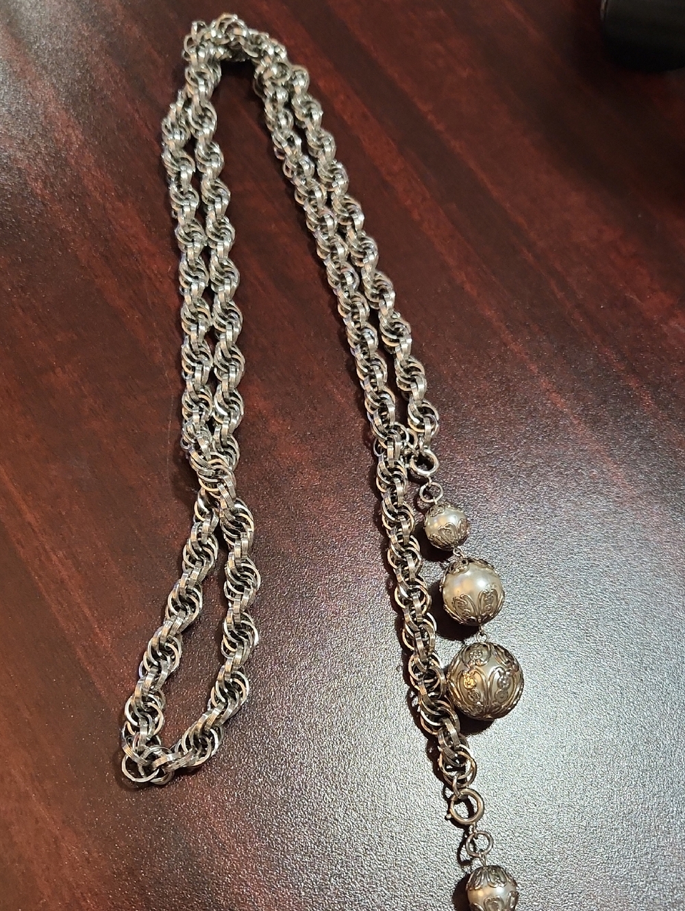 Vintage Silver Rope Chain Necklace with Ornate Bead Drops